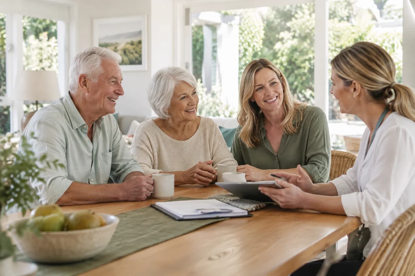 Older couple and their adult daughter chatting with a care coordinator at their dining table