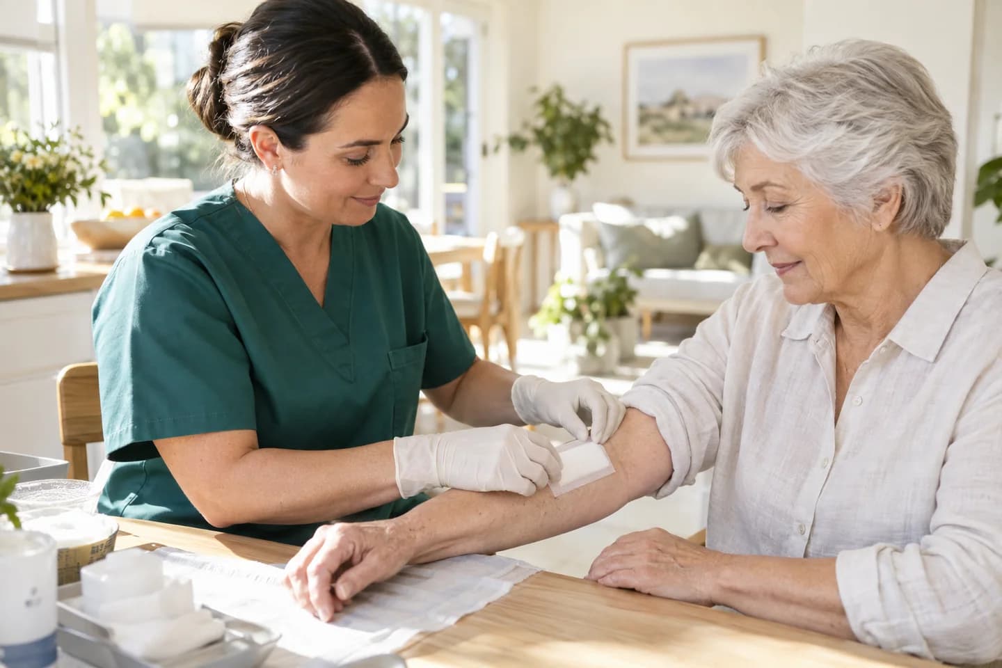 Nurse applying a clean dressing to an older woman’s forearm at her dining table